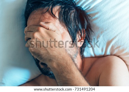 Zdjęcia stock: Morning Depression And Midlife Crisis With Man In Bed