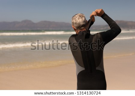 Stok fotoğraf: Rear View Of Senior Male Surfer Wearing Wet Suit On The Beach With Mountains In The Background