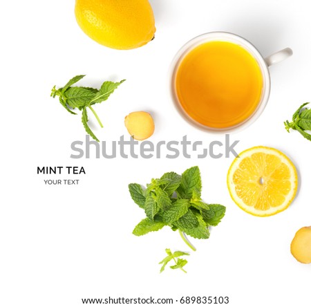 Stock fotó: Green Tea With Natural Flavors And A Cup Top View On White Background