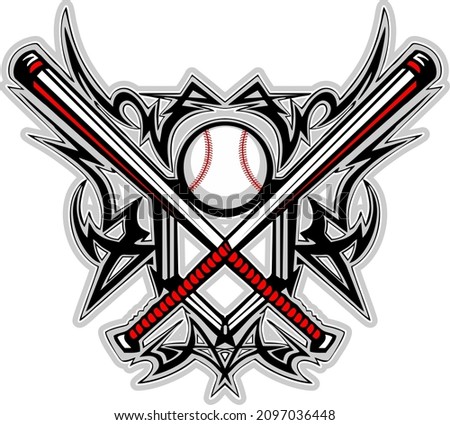 Foto stock: Baseball Bats Baseball And Home Plate With Tribal Borders Vect