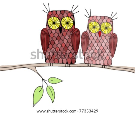 Floral Background - Couple Of Owls And Birds Sitting On Branch Stockfoto © glyph