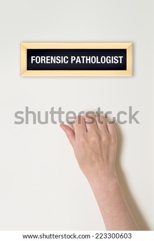 Stockfoto: Female Hand Is Knocking On Forensic Pathologist Door