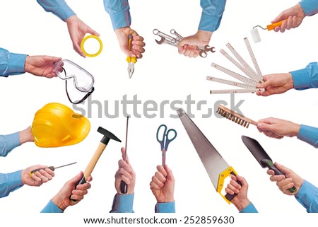 Stok fotoğraf: Male Workers Hand Holding Various Craft Trade Tools