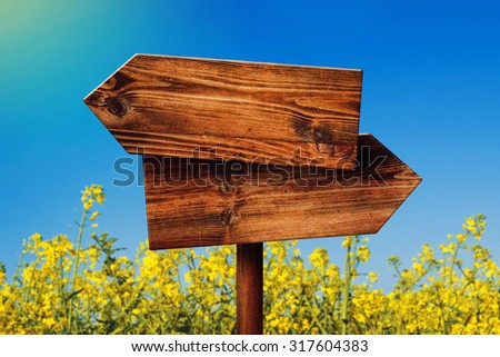 Stock fotó: Blank Rustic Opposite Direction Wooden Sign In Rapeseed Field