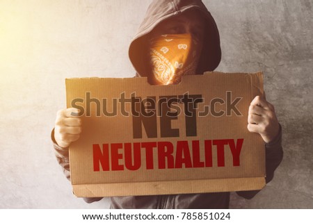 Stock foto: Hooded Activist Protestor Holding Net Neutrality Protest Sign