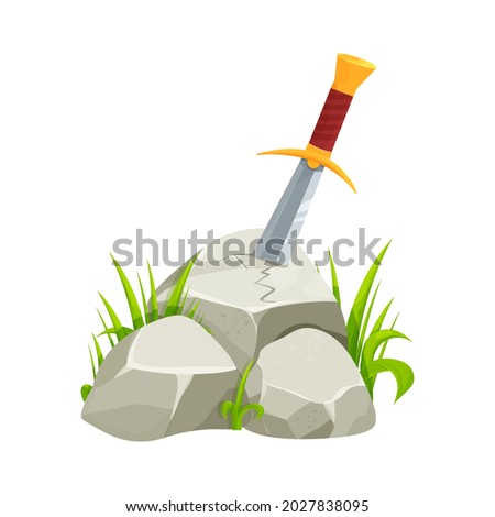 Foto d'archivio: An Ancient Sword Stuck In A Stone Isolated On White Background Vector Cartoon Close Up Illustration