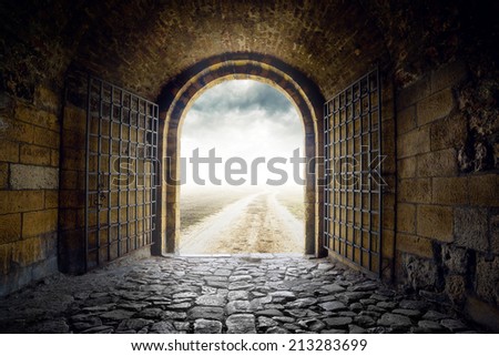 Foto stock: Gate Opening To Endless Road Leading Nowhere