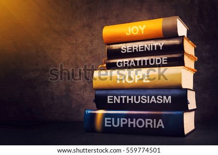 Stok fotoğraf: Positive Emotions And Feelings Concept With Book Titles