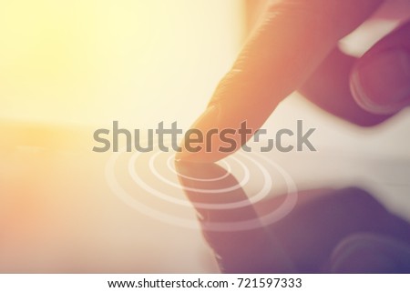 Stock fotó: Macro Shot Of Female Finger Pressing Tablet Touch Screen