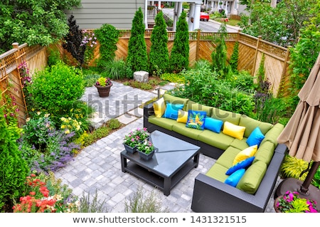 Zdjęcia stock: Beautiful Green Garden With Flowers On Luxury Backyard