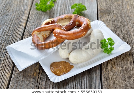 Stockfoto: Weisswurst White Sausages And Sweet Mustard With Pretzel