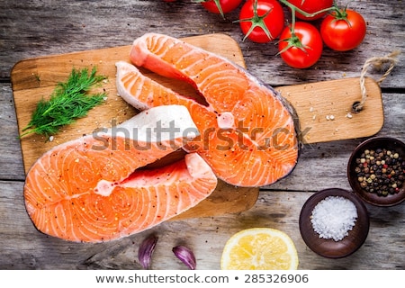 Stock foto: Raw Salmon Fish Steak On Wooden Rustic Background