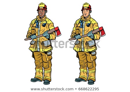 Stockfoto: African American And Caucasian Firemen In Uniform With Axes