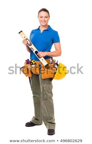 Stockfoto: Young Pretty Builder Girl In White Shirt Builder Belt Helmet