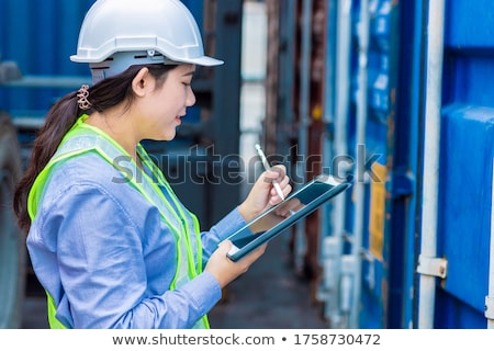 Foto stock: Business Woman Working On Tablet With Global Database Concept