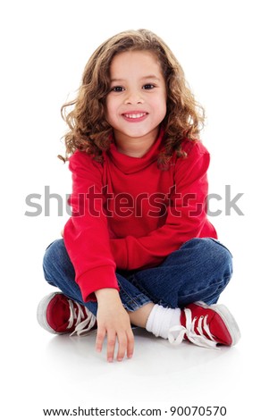 Portrait Of A Cute Little Girl Sitting On Floor Isolated Over W Stockfoto © iodrakon