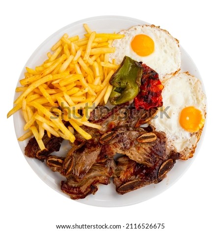 Stock photo: Combo Platter With Fried Egg French Fries Fried Peppers And Br