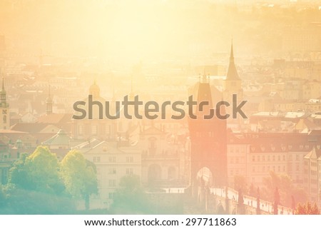 Foto d'archivio: Prague Cityscape On Misty Morning Retro Toned