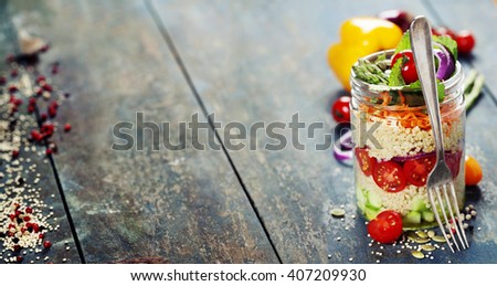 Stock photo: Cucumber Quinoa Tomato Onion Carrot And Mint Salad In A Jar