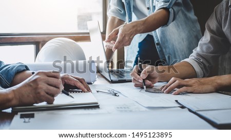 Architect Or Engineer Meeting Working With Partner On Blueprint Сток-фото © Freedomz