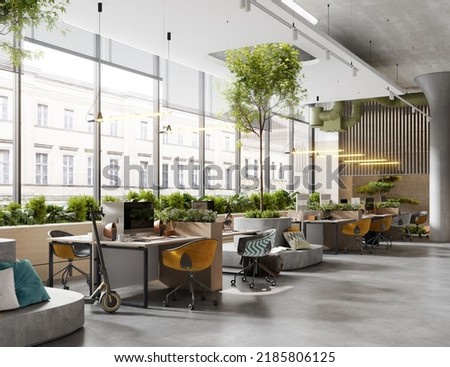 Zdjęcia stock: Modern Interior With Large Windows And Working Place 3d Rendering