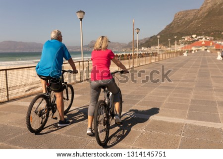 Stok fotoğraf: Rear View Of Senior Man Riding A Bicycle On A Promenade At Beach