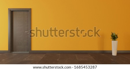 Stok fotoğraf: Brown Wooden Door With Yellow Wall Plant And Black Stone Floor