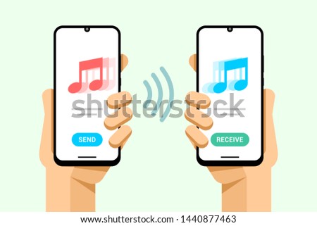 Smartphone Mockup In Human Hand Send And Receive A Music Track File From Phone To Phone Vector Col Сток-фото © karetniy