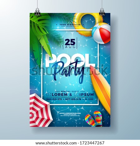 Summer Pool Party Poster Design Template With Palm Leaves Water Beach Ball And Float On Blue Underw Stock photo © articular