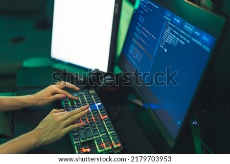 Gamer Pc Computer Keyboard Woman Typing On Blue Backlit Gaming Key Board Working Late At Night On Ho Zdjęcia stock © Maridav