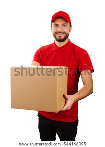 Stock photo: Delivery Service - Young Smiling Courier Holding Boxes On White