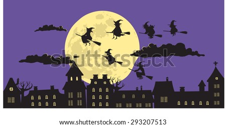 Stockfoto: Night City With Moon And Flying Witch Silhouette Seamless Pattern Vector Illustration