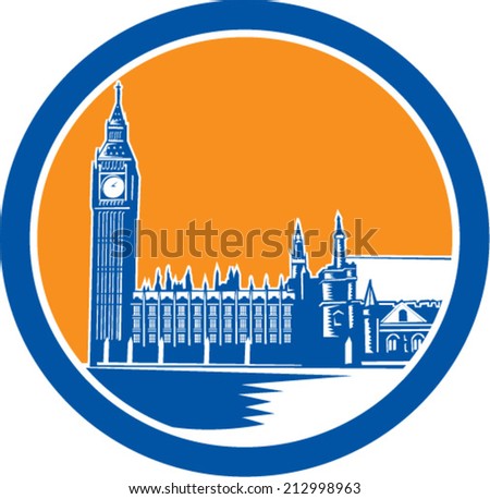 Сток-фото: Big Ben Clock Tower Westminster Palace Woodcut Retro