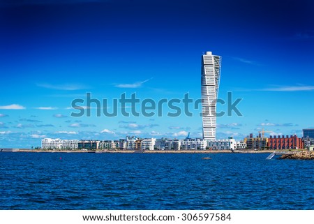 Zdjęcia stock: Swedish Malmo West Harbor Area Cityscape With Turning Torso