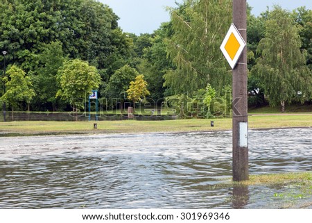 Stock fotó: Road Sign Submerged In Flood Water In Gdansk Poland