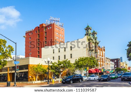 Foto stock: Facade Of Historic Hotel St James In Gas Lamp District In San D