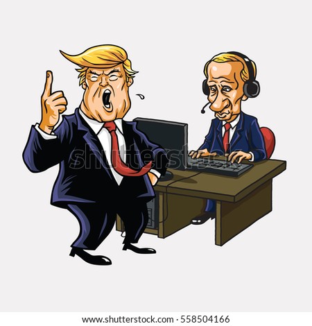 Сток-фото: Vladimir Putin In Front Of His Computer Cartoon Caricature Vector Illustration January 16 2017