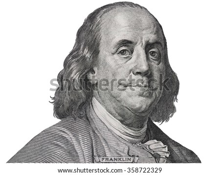 Stock photo: Benjamin Ben Franklin Isolated Face From 100 Dollar Banknote With A Face Mask On Covid Background