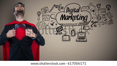 Сток-фото: Business Man Superhero Opening Shirt Against Brown Background With Digital Marketing Doodles