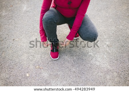 Stock fotó: Detail Of Pregnant Sporty Woman Lacing Sneakers Before Jogging Or Training Outdoor Sport And Health