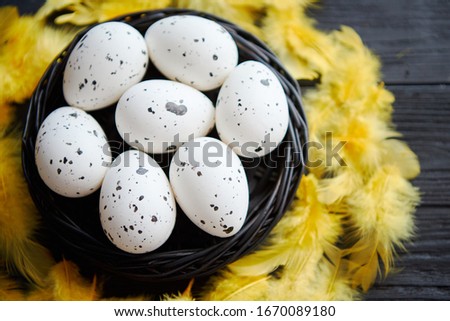 Zdjęcia stock: Whole Chicken Eggs In A Nest On A Black Rustic Wooden Background Easter Symbols