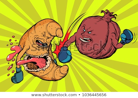 Stok fotoğraf: Pomegranate Fruit Beats A Croissant Vegetarianism Vs Fast Food