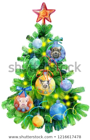 Foto stock: Watercolor Illustration Christmas Tree Decorated With Christmas Balls With Image Of Pig