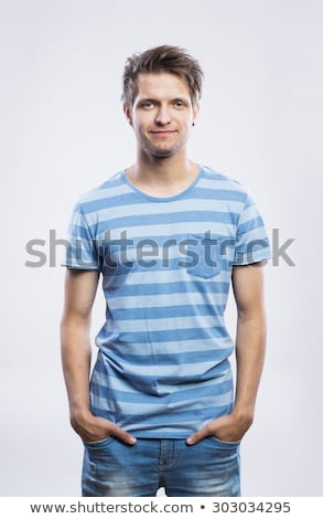 Stock fotó: Stylish Man In Blue Shirt With Earring Isolated On White