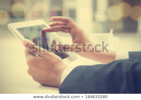 Stock fotó: Close Up Of Male Hands With Tablet Pc And Coffee