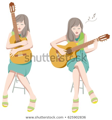 Сток-фото: Young Woman Sitting On Stool Playing Acoustic Guitar