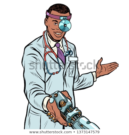 Foto stock: African Doctor Surgeon Handshake Robot Prosthesis
