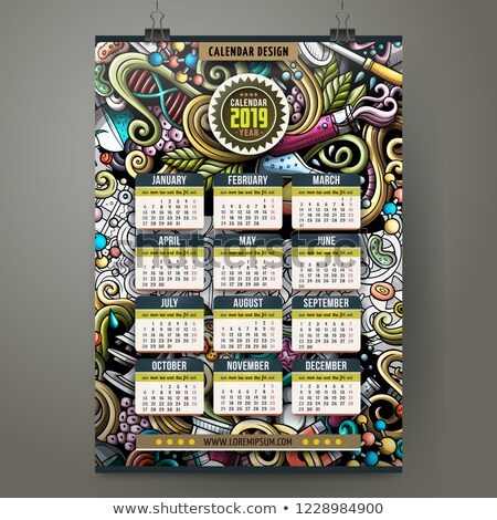 ストックフォト: Cartoon Colorful Hand Drawn Doodles Science 2019 Year Calendar Template