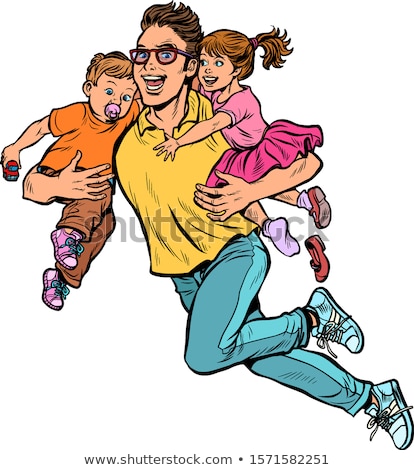 Stock fotó: Dad Superhero Flies And Carries His Daughter And Son In His Arms Paternity