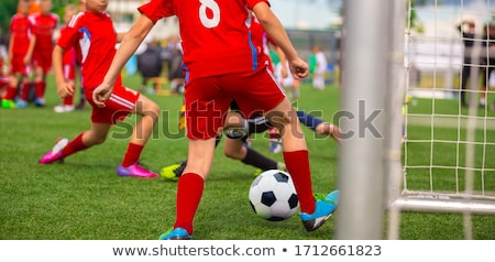 Young Boy Soccer Player Scoring Goal In Match Junior Level Stockfoto © matimix